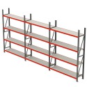 Regał magazynowy Mega-M FORTIS 200x634x50 cm - widok z boku trzech sekcji po cztery półki