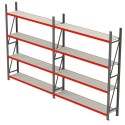 Regał magazynowy Mega-M FORTIS 240x525,5 cm - widok z przodu, dwa przęsła po cztery półki