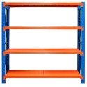 Regał magazynowy Mega-M FORTIS LIGHT 200x200x50 cm - widok z przodu, niebieskie słupy i pomarańczowe półki