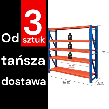 Regał metalowy magazynowy 5-półkowy Mega-M FORTIS LIGHT H-200 cm L-200 cm G-50 cm moduł bazowy WYSYŁKA PALETOWA kreuj swój biznes z Wyposażenie sklepów i instytucji  - Kreuj swój biznes z 4store.pl