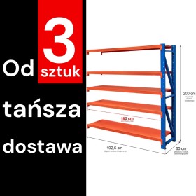Regał metalowy magazynowy 5-półkowy Mega-M FORTIS LIGHT H-200 cm L-192,5 cm G-50 cm moduł dostawny WYSYŁKA PALETOWA