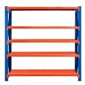 Regał magazynowy Mega-M FORTIS LIGHT 200x200x60 cm - widok z przodu, niebieskie słupki i pomarańczowe półki