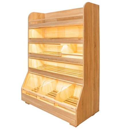 Regał na pieczywo H-180 cm L-125 cm G-60 cm plexi oświetlenie LED dąb amerykański kreuj swój biznes z Wyposażenie sklepów i instytucji  - Kreuj swój biznes z 4store.pl