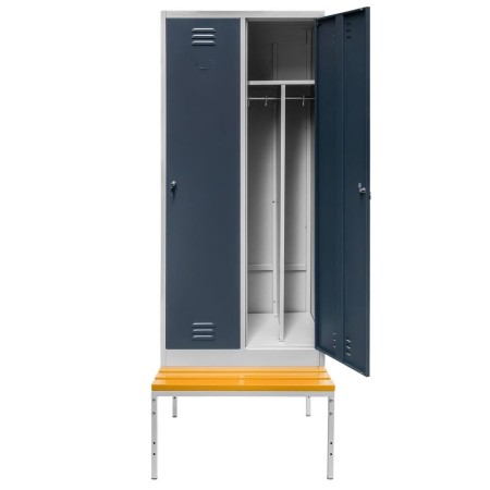 Szafka BHP ubraniowa na podstawie z ławeczką Mega-M pracownicza 2-drzwiowa z przegrodami S-80 cm szara/grafitowy front kreuj swój biznes z Wyposażenie sklepów i instytucji  - Kreuj swój biznes z 4store.pl