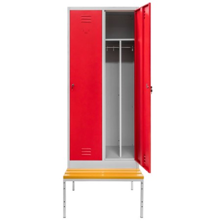 Szafka BHP ubraniowa na podstawie z ławeczką Mega-M pracownicza 2-drzwiowa z przegrodami S-80 cm szara/czerwony front kreuj swój biznes z Wyposażenie sklepów i instytucji  - Kreuj swój biznes z 4store.pl