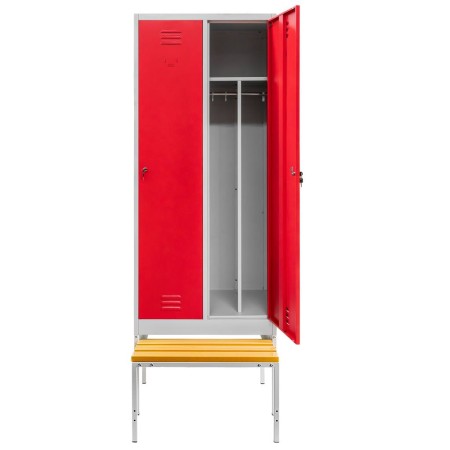 Szafka BHP ubraniowa na podstawie z wysuwaną ławeczką Mega-M pracownicza 2-drzwiowa z przegrodami S-80 cm szara/czerwony front kreuj swój biznes z Wyposażenie sklepów i instytucji  - Kreuj swój biznes z 4store.pl