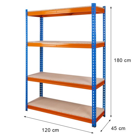 Regał magazynowy Mega-M PRO MAX H-180 cm L-120 cm G-45 cm 4 półki z MDF 15 mm 500 kg niebiesko-pomarańczowy kreuj swój biznes z Wyposażenie sklepów i instytucji  - Kreuj swój biznes z 4store.pl