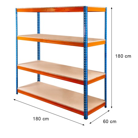 Regał magazynowy Mega-M PRO MAX H-180 cm L-180 cm G-60 cm 4 półki z MDF 15 mm 500 kg niebiesko-pomarańczowy kreuj swój biznes z Wyposażenie sklepów i instytucji  - Kreuj swój biznes z 4store.pl