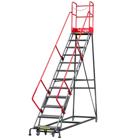 Drabina magazynowa przejezdna pomost magazynowy Mega-M H-306 cm 12 stopni hamulec schodkowy kreuj swój biznes z Wyposażenie sklepów i instytucji  - Kreuj swój biznes z 4store.pl
