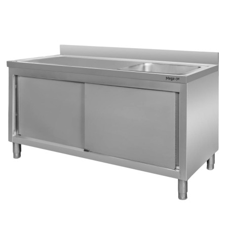 Zlew gastronomiczny spawany z komorą po prawej stronie i szafką Mega-M 160x60x85 cm stal nierdzewna kreuj swój biznes z Wyposażenie sklepów i instytucji  - Kreuj swój biznes z 4store.pl
