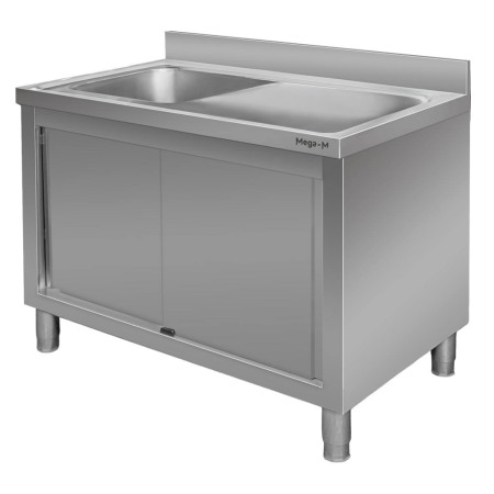 Zlew gastronomiczny spawany z komorą po lewej stronie i szafką Mega-M 120x70x85 cm stal nierdzewna kreuj swój biznes z Wyposażenie sklepów i instytucji  - Kreuj swój biznes z 4store.pl
