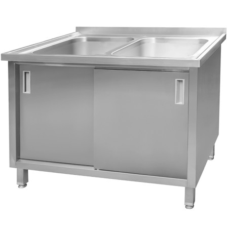 Zlew gastronomiczny spawany dwukomorowy z szafką Mega-M 120x70x85 cm stal nierdzewna kreuj swój biznes z Wyposażenie sklepów i instytucji  - Kreuj swój biznes z 4store.pl