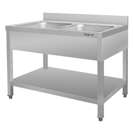 Zlew gastronomiczny dwukomorowy z maskownicą i półką Mega-M 120x60x85 cm stal nierdzewna kreuj swój biznes z Wyposażenie sklepów i instytucji  - Kreuj swój biznes z 4store.pl