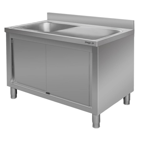 Zlew gastronomiczny spawany z komorą po lewej stronie i szafką Mega-M 140x70x85 cm stal nierdzewna kreuj swój biznes z Wyposażenie sklepów i instytucji  - Kreuj swój biznes z 4store.pl