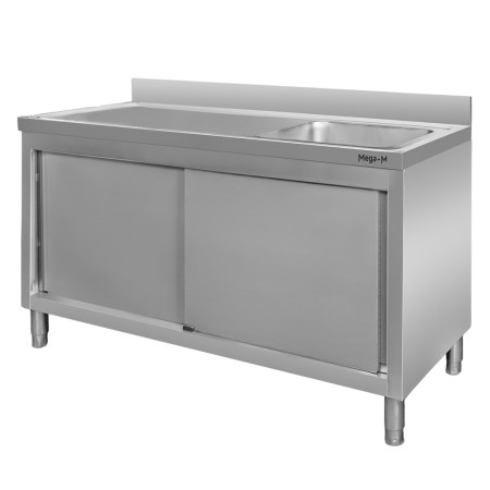 Zlew gastronomiczny spawany z komorą po prawej stronie i szafką Mega-M 140x70x85 cm stal nierdzewna kreuj swój biznes z Wyposażenie sklepów i instytucji  - Kreuj swój biznes z 4store.pl