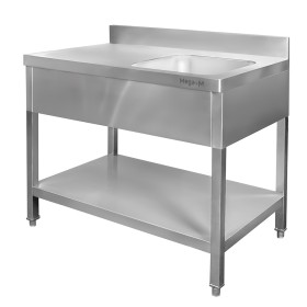 Zlew gastronomiczny z komorą po prawej stronie z maskownicą i półką Mega-M 140x60x85 cm stal nierdzewna