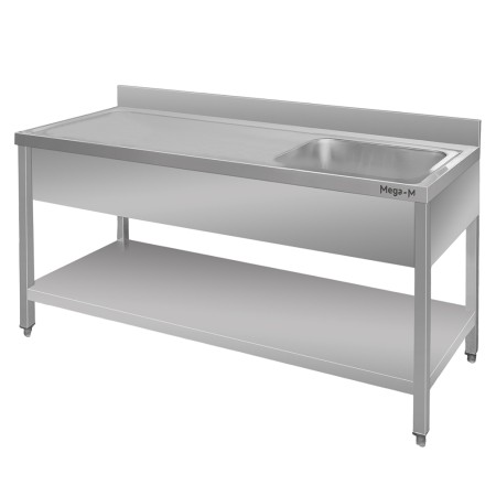 Zlew gastronomiczny z komorą po prawej stronie z maskownicą i półką Mega-M 160x60x85 cm stal nierdzewna kreuj swój biznes z Wyposażenie sklepów i instytucji  - Kreuj swój biznes z 4store.pl