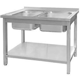 Zlew gastronomiczny spawany dwukomorowy z półką Mega-M 140x70x85 cm stal nierdzewna