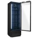 Szafa chłodnicza przeszklona RQ380-BLACK - otwarte drzwi, wnętrze z półkami i oświetleniem LED