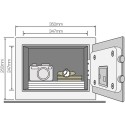 Sejf YALE YSG/250/DB1 - rysunek techniczny z wymiarami i otwartymi drzwiami