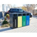 Kosz do segregacji odpadów Etna IV 120 l - widok z przodu na parkingu, cztery kolorowe komory