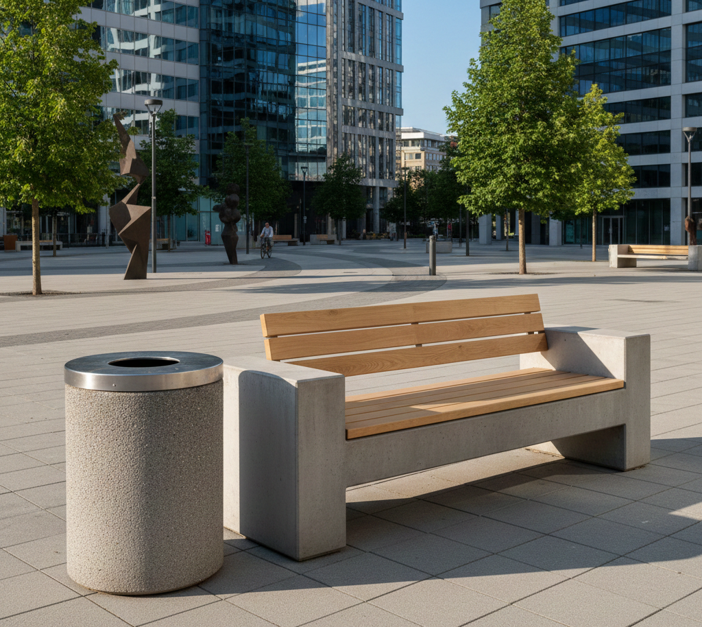 ławka betonowa, ławka betonowa z elementami drewnianymi, kosz betonowy, ławka