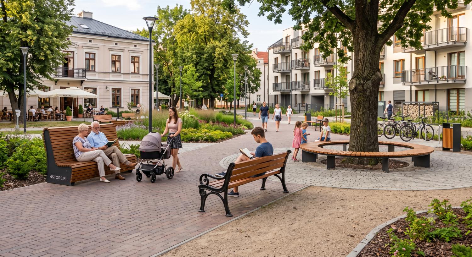 ławka do przestrzeni miejskiej, ławka z oparciem, ławka łukowa, kosze na odpady,