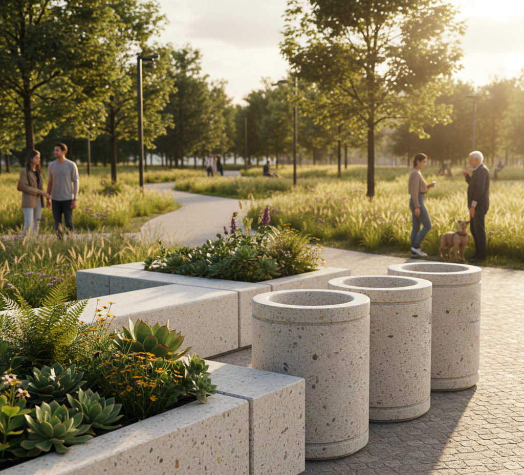 ławki betonowe, kosze betonowe, donice betonowe