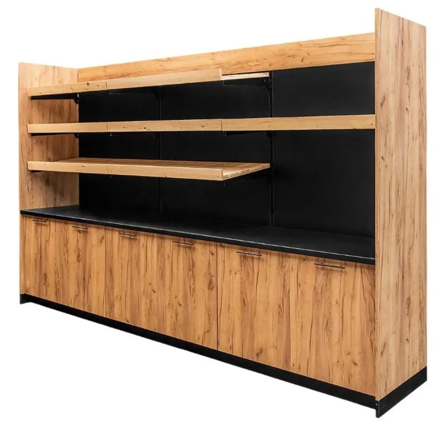 regał zakasowy, regał ekspozycyjny, regał sprzedażowy, regał dąb kraft