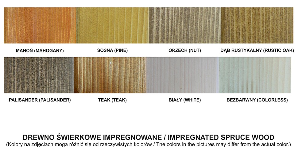 Paleta kolorów impregnatu na drewnie świerkowym: mahoń, sosna, orzech, dąb rustykalny, palisander, teak, biały, bezbarwny