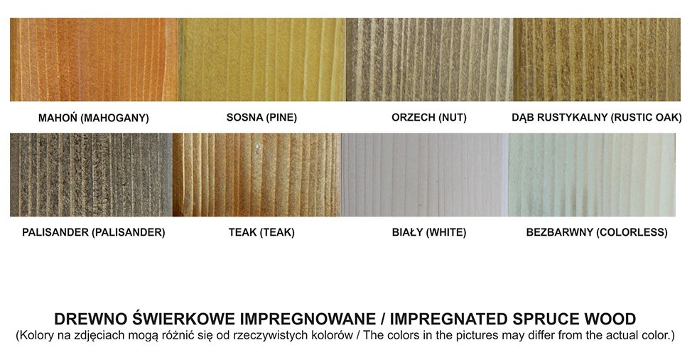 Paleta kolorów impregnatu na drewnie świerkowym: mahoń, sosna, orzech, dąb rustykalny, palisander, teak, biały, bezbarwny