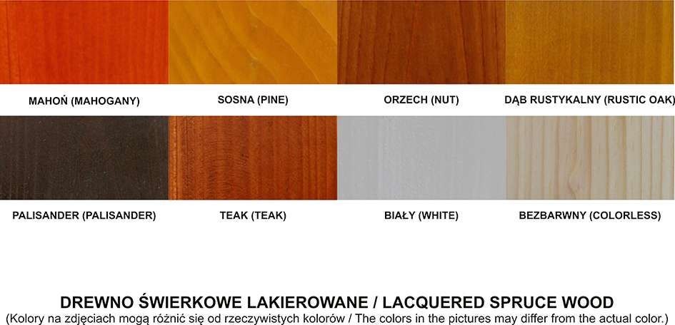 Paleta kolorów lakierobejcy na drewnie świerkowym: mahoń, sosna, orzech, dąb rustykalny, palisander, teak, biały, bezbarwny