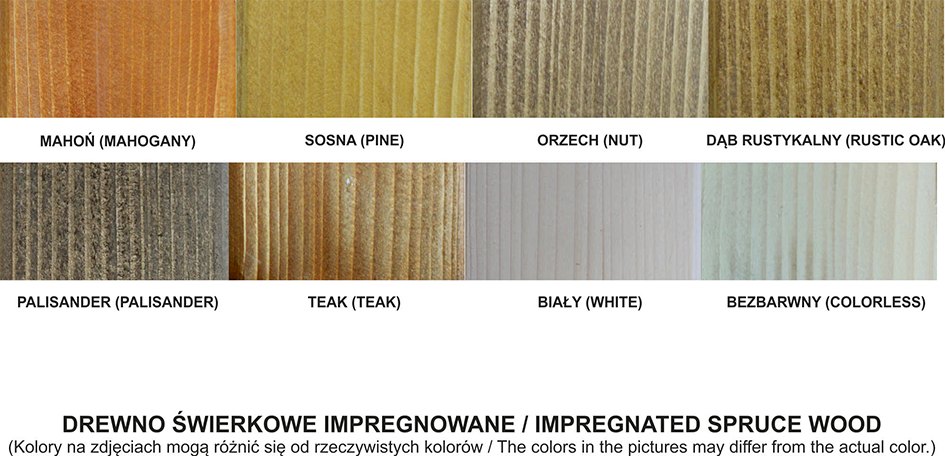 Paleta kolorów impregnatu na drewnie świerkowym: mahoń, sosna, orzech, dąb rustykalny, palisander, teak, biały, bezbarwny