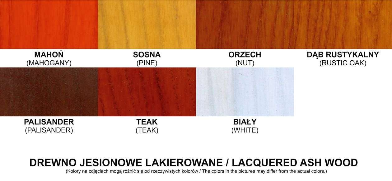 Paleta kolorów lakierobejcy na drewnie jesionowym: mahoń, sosna, orzech, dąb rustykalny, palisander, teak, biały